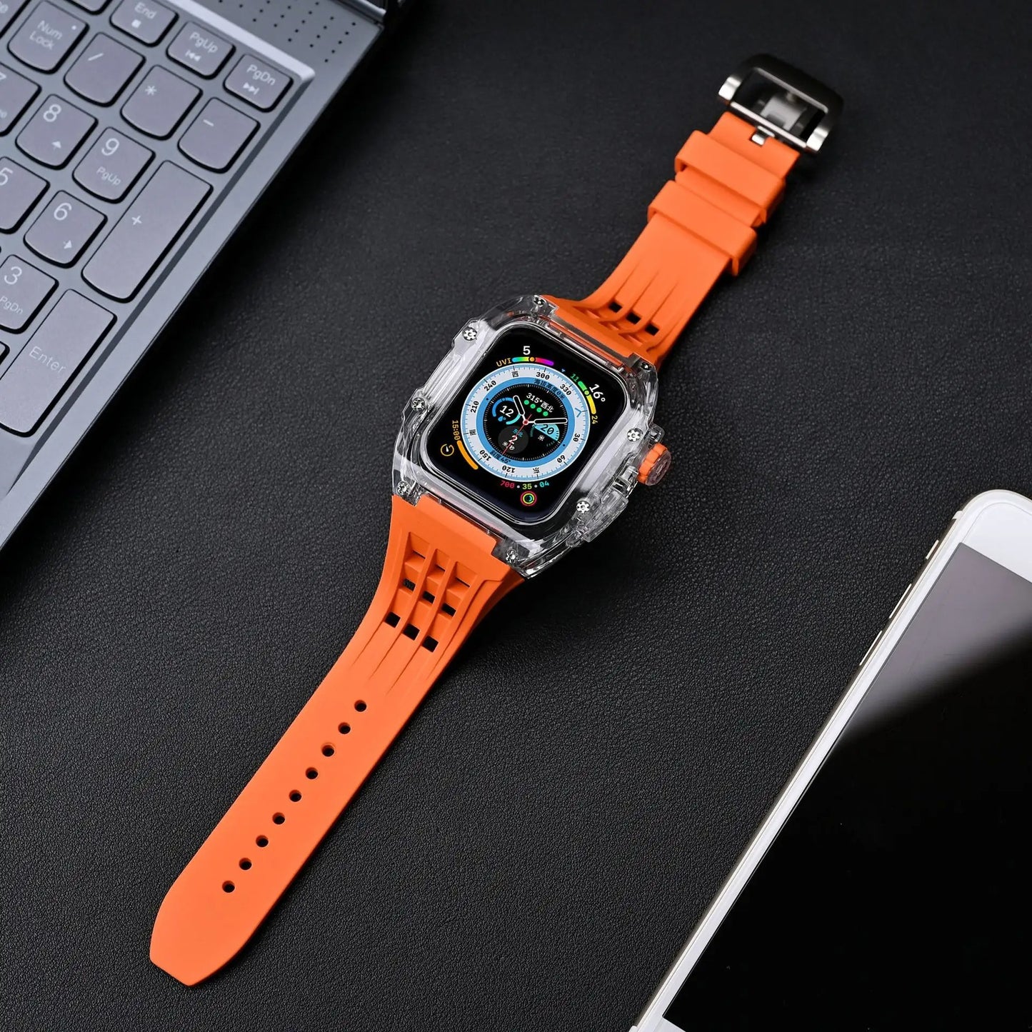 Luxury Modification Kit Transparent Case + Rubber Silicone Straps By iSerieshub Compatible For Smart Watch (44MM 45MM)