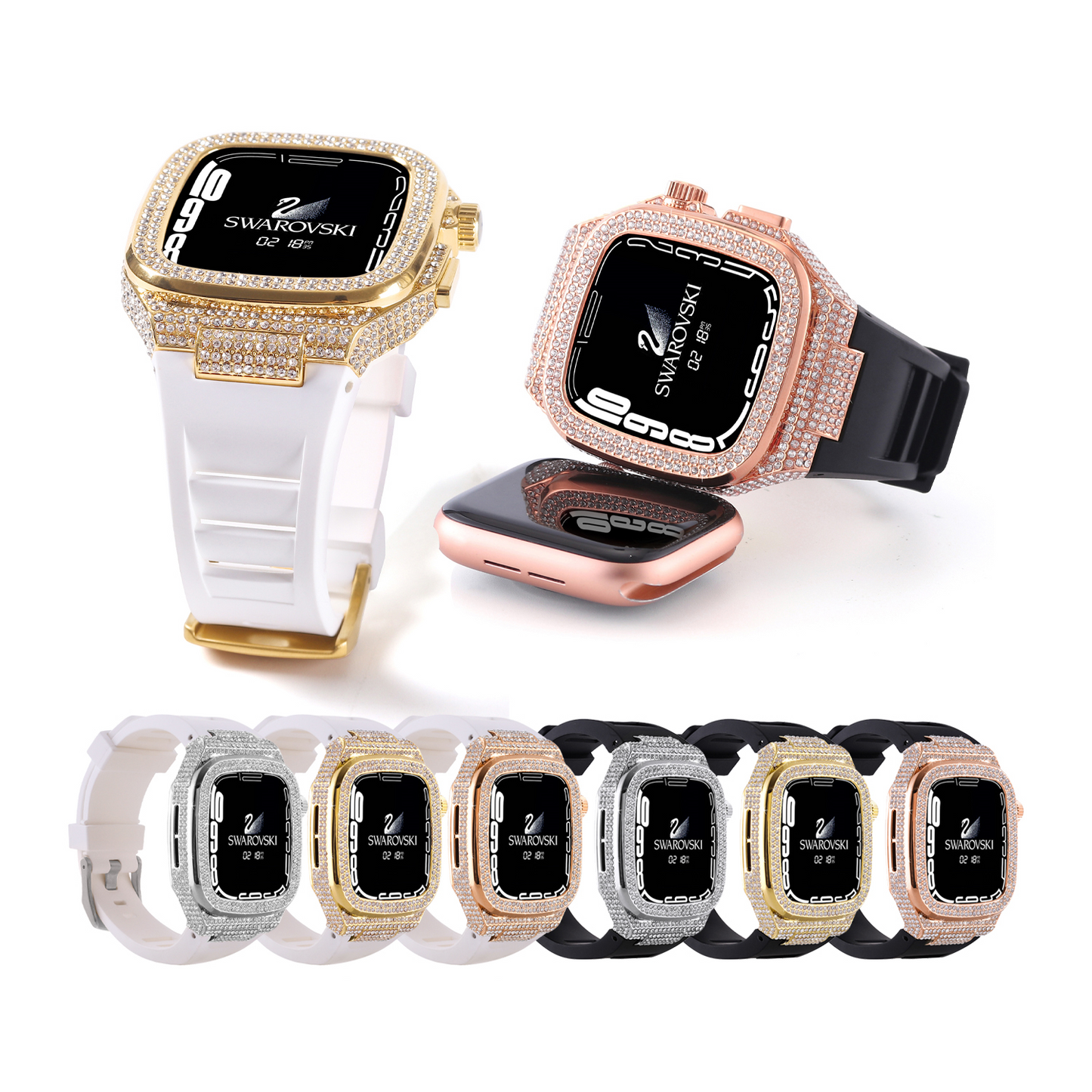 Diamond Luxury Modification Kit Metal Case Rubber Silicone Correa Straps For iWatch ( 44MM 45MM)