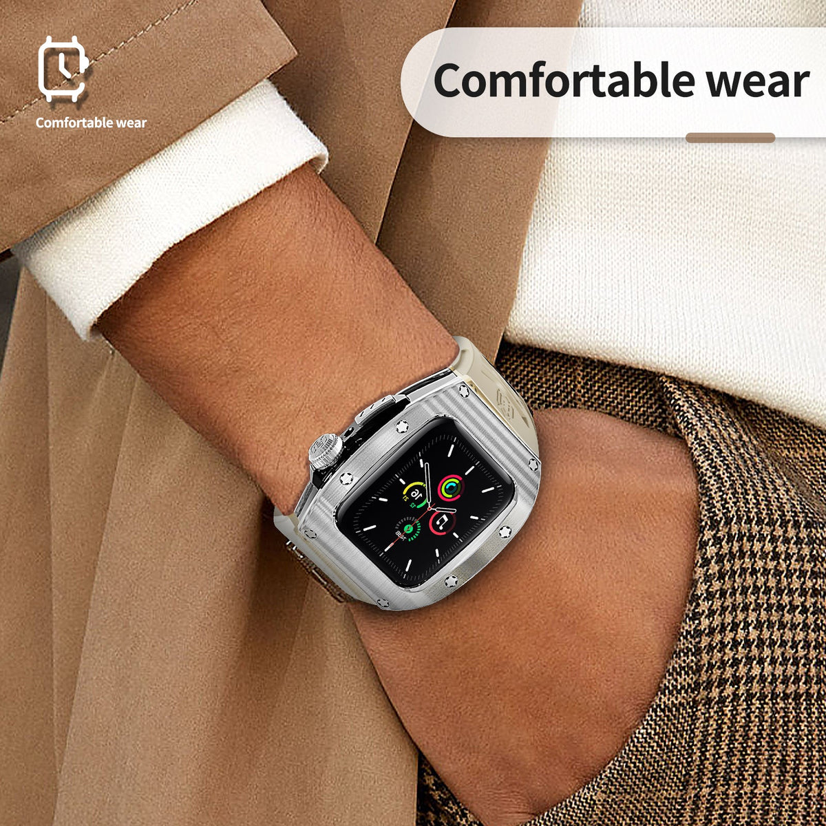 Luxury Stainless Steel Case with Designer Silicone Strap For Apple Watch