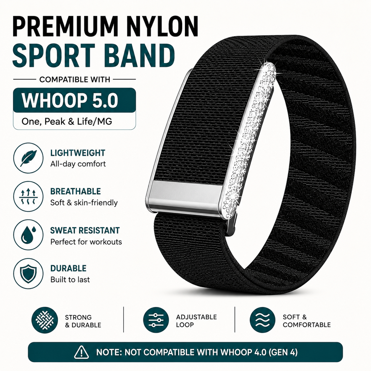 Daimond Premium Nylon Loop Sport Band Compatible with WHOOP 5.0 One, Peak & Life/MG – Breathable Adjustable Replacement Strap