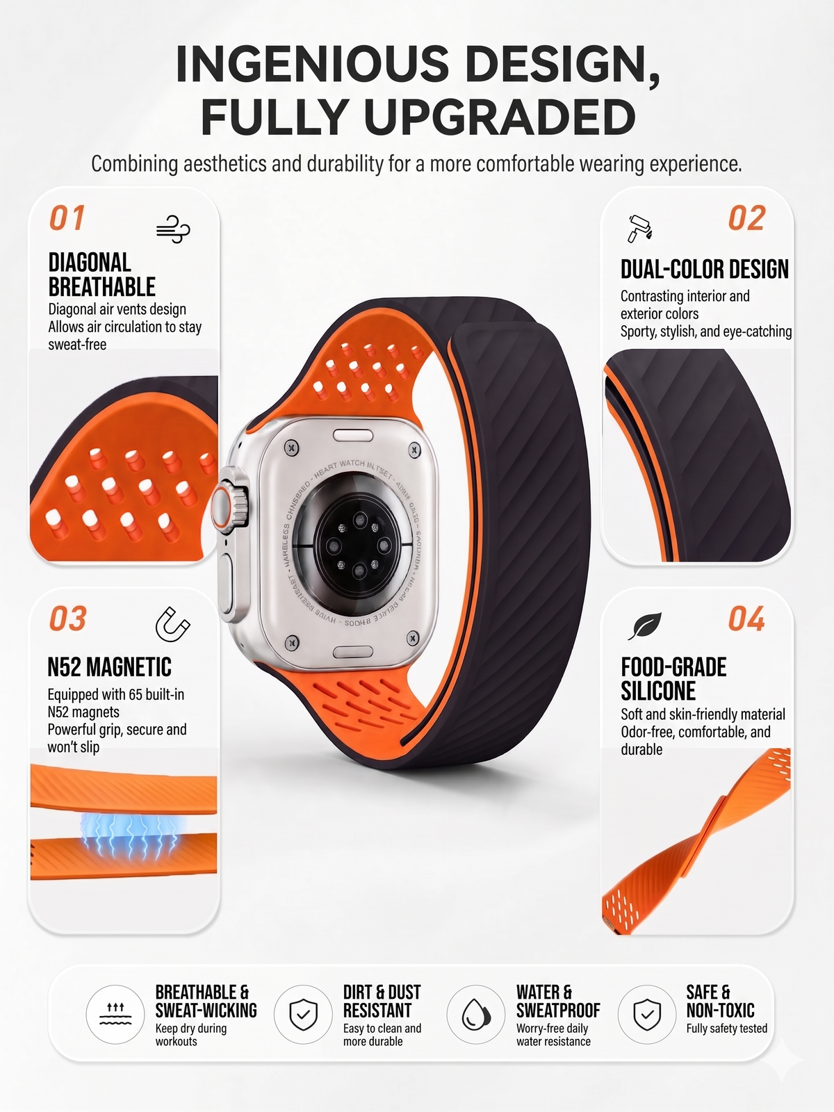 Breathable Litchi Magnetic Silicone Strap for Apple Watch